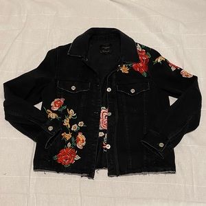 Floral Embroidered Black Denim Jacket